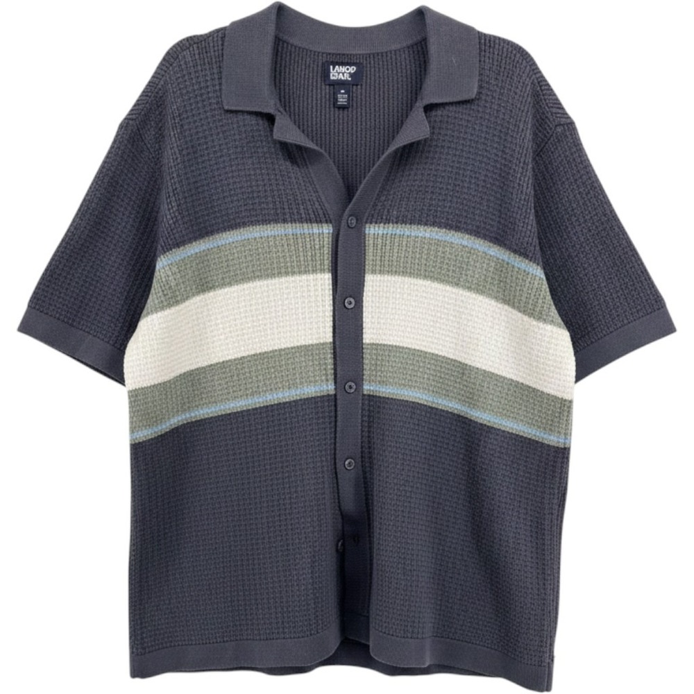 Lands End Mens Large Gray Waffle Knit Button Front Striped Sweater Polo Shirt